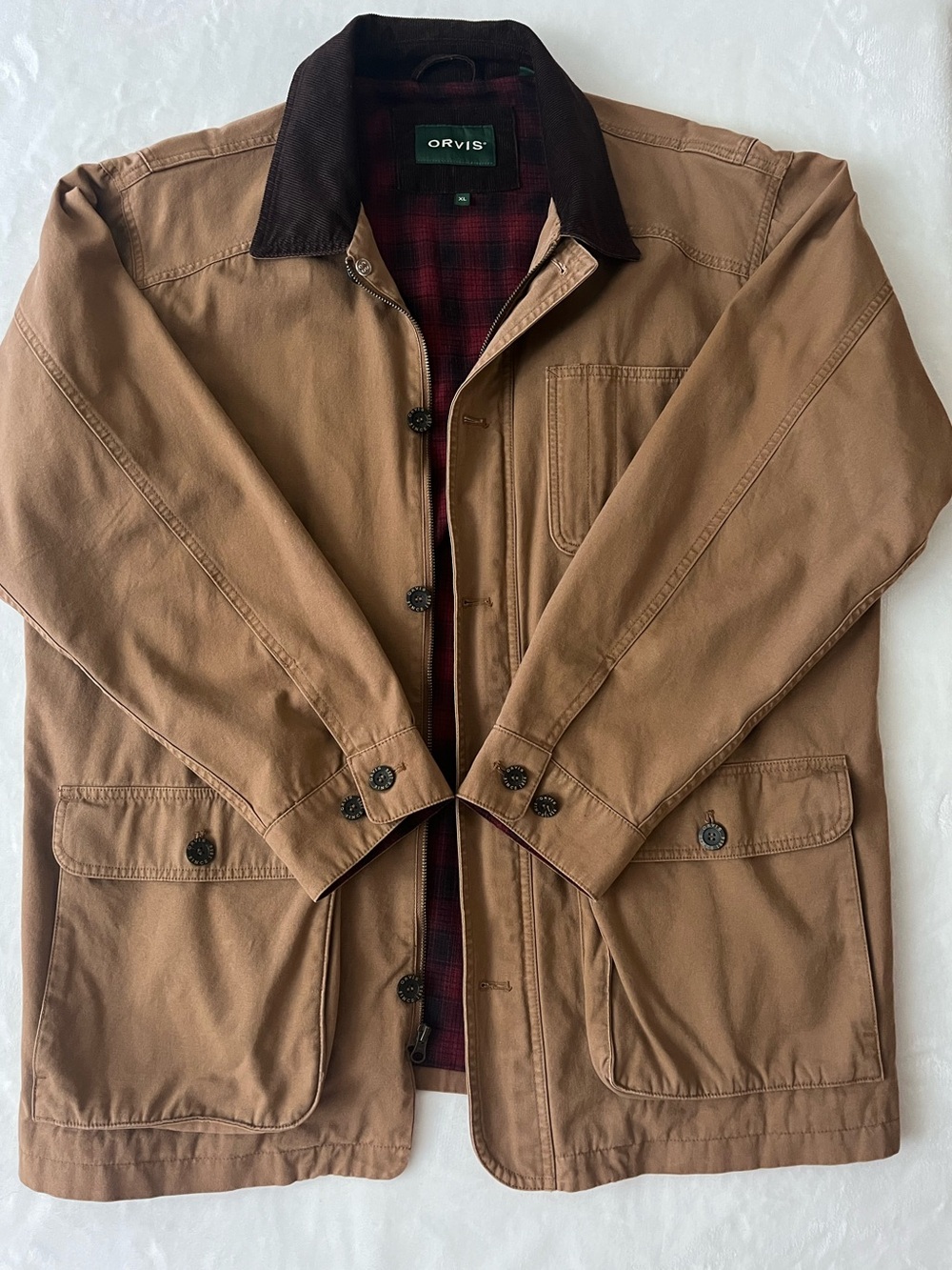 Orvis Heritage Canvas Barn Coat with Dark Brown Corduroy Collar & Plaid Lining